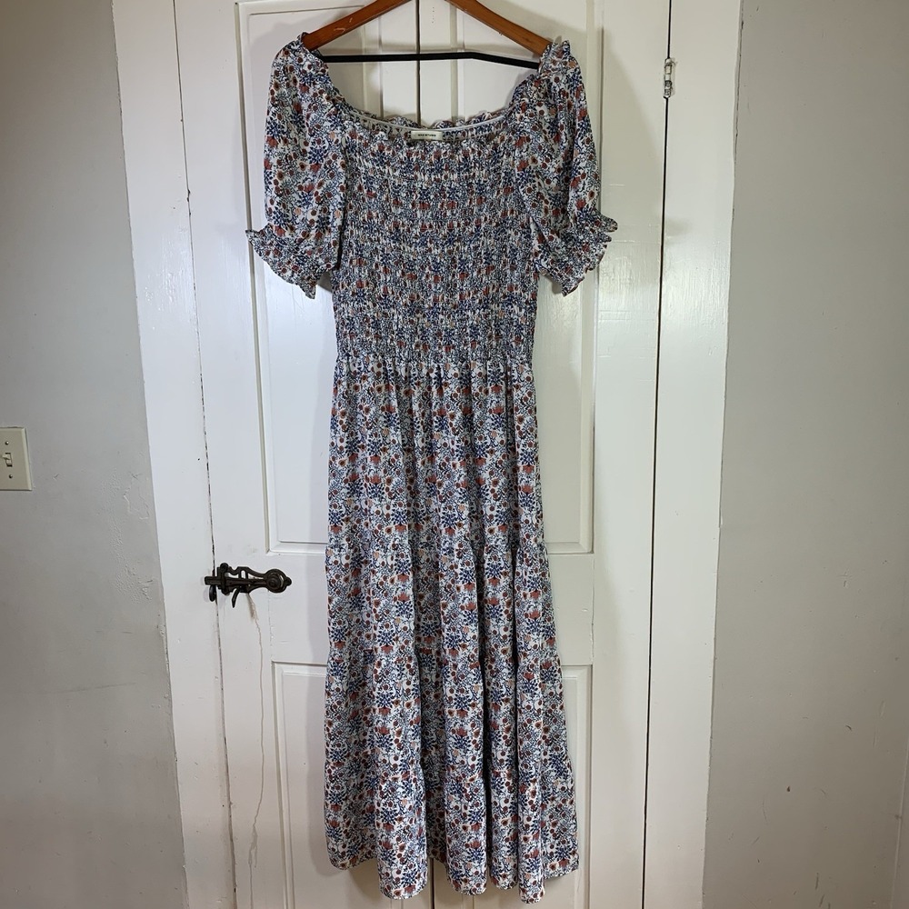 Max Studio Prairie Dress Floral Puff Sleeve Square Neck Smocked A-Line Large